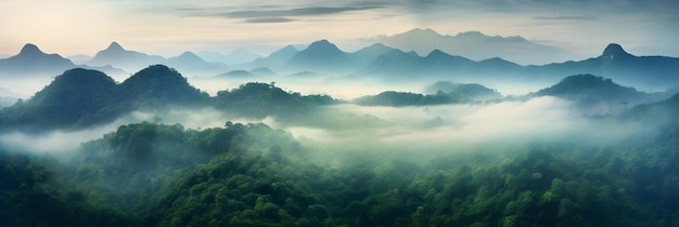 Neblige Landschaft im Dschungel Nebel und Wolkengebirgstropische Tallandschaftsluftaufnahme weites Mis