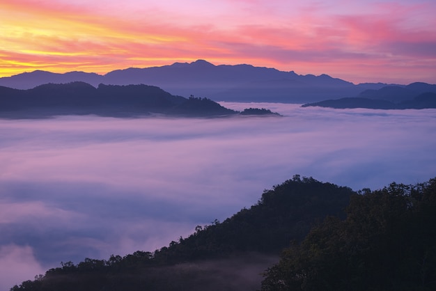 Foto neblige landschaft im norden thailands mit zwielichthimmel