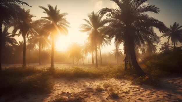 Neblige Morgenlandschaft mit Palmensonnenstrahl und ruhiger Szene in der Natur