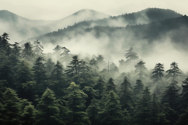 Neblige Waldlandschaft mit Bergen im Hintergrund