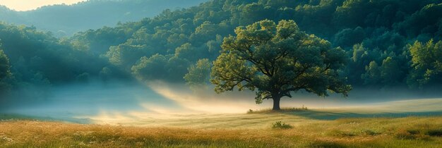 Foto neblige wiese, bezaubernder sonnenaufgang