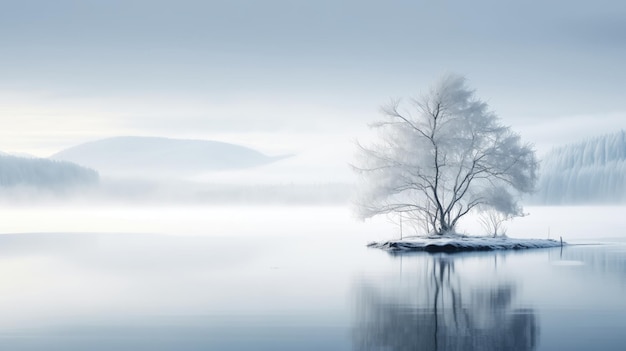 Neblige Winterlandschaft mit einem einsamen Baum mitten im See