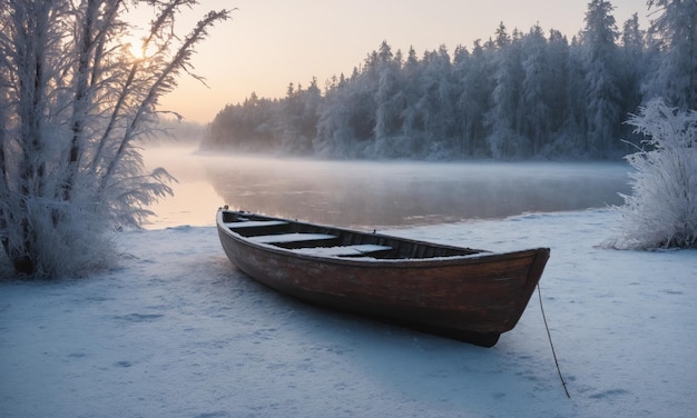 Neblige Winterlandschaft mit einem Holzboot auf einem zugefrorenen See