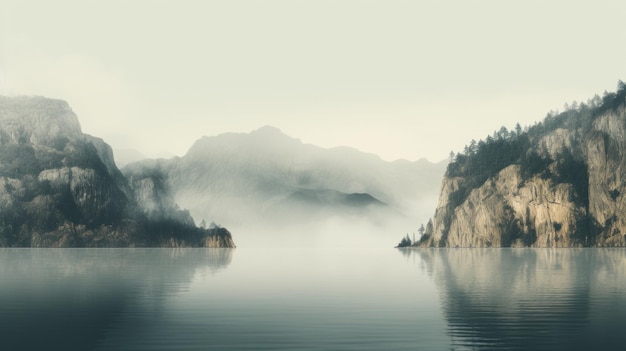 Nebliger Bergsee, surreale Stockfotografie mit gedämpften Tönen