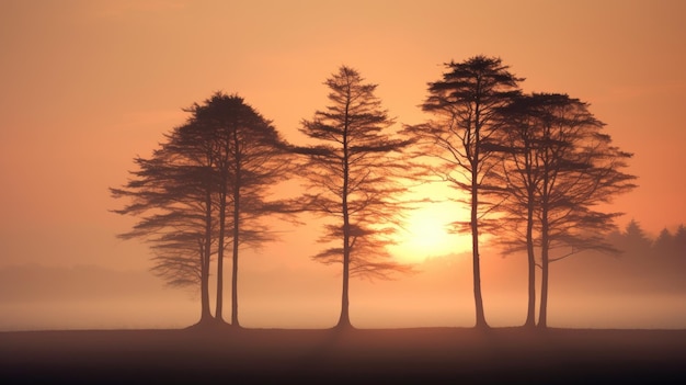 Nebliger Herbstsonnenuntergang mit Bäumen