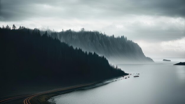 Nebliger Morgen am Wasser mit einem Berg im Hintergrund