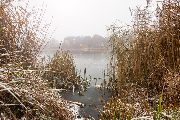 Nebliger Morgen auf dem Fluss im Winter