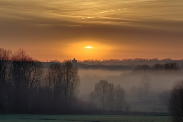 Nebliger Morgensonnenaufgang, bei dem die Sonne durch die Wolken bricht, erzeugt mit generativer KI