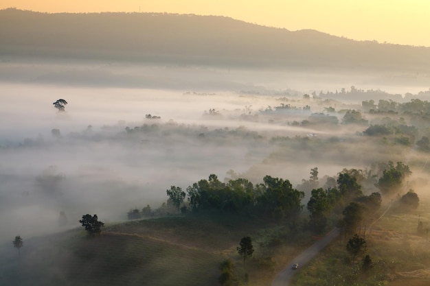 Nebliger Morgensonnenaufgang im Berg bei Khaokho PhetchabunThailand