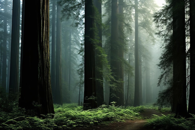 Nebliger Redwood-Wald mit alten Bäumen