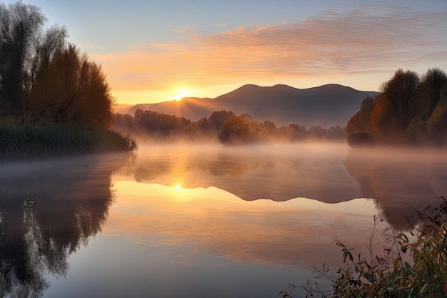 Nebliger Sonnenaufgang über dem See mit Reflexionen von Bäumen und Bergen, erstellt mit generativer KI