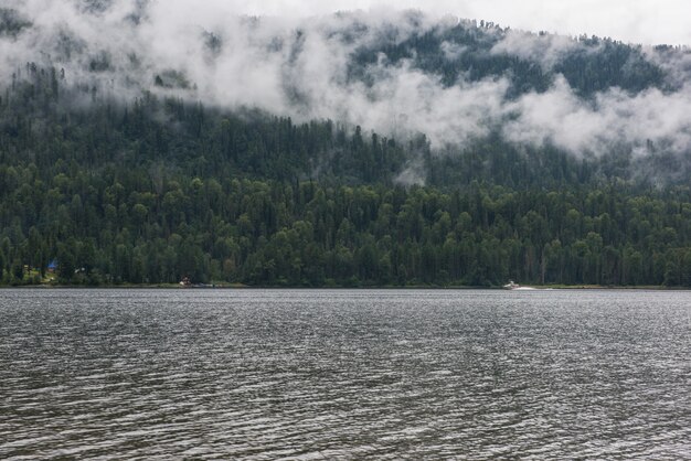 Nebliger teletskoye-see im altai-gebirge