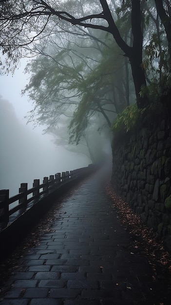 neblina passarela parede de pedra árvores dia nebuloso lembrado ceifador objeto anômalo estrada do lago