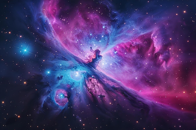 Una nebulosa de colores rosa, púrpura y azul en el espacio con estrellas y galaxias en el fondo ultra