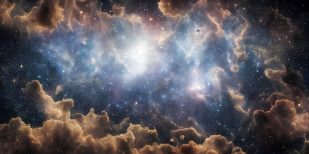 Nebulosa colorida atmosférica e estrelas brilhantes no espaço profundo.