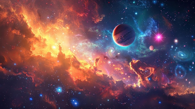 Nebulosa cósmica con planetas y estrellas