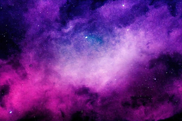 Nebulosa de aquarela roxa abstrata com ilustração digital de fundo de estrelas