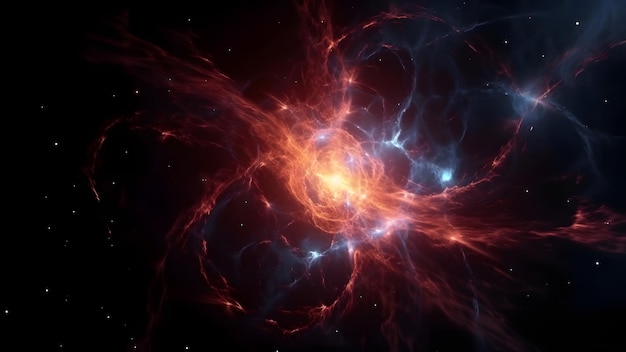 Nebulosa espacial fantástica com plasma brilhante flui na imagem gerada pela rede neural de fundo preto