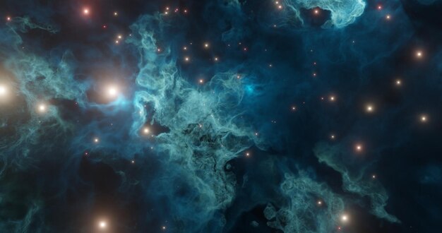 Nebulosa, poeira estelar e estrelas azuis do fundo do espaço colorido universo cheio de estrelas, nebulosa e galáxia tiro panorâmico, formato largo ilustração 3d do fundo da arte, imagem digital com espaço de cópia