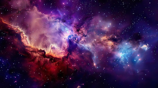 una nebulosa púrpura se muestra con un cúmulo de estrellas en el centro