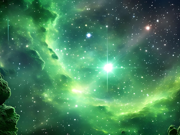 una nebulosa verde con estrellas y una estrella en el medio