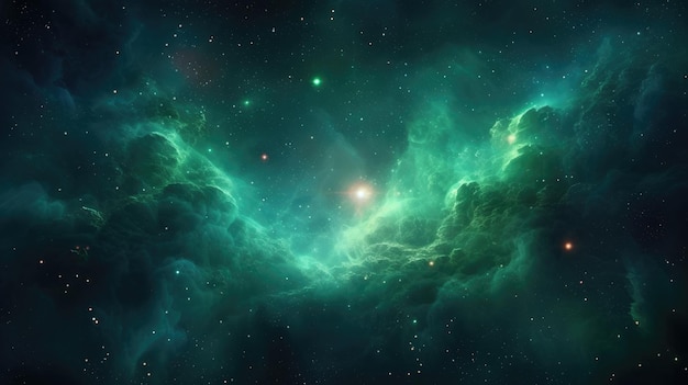 Una nebulosa verde con estrellas y nebulosa al fondo.