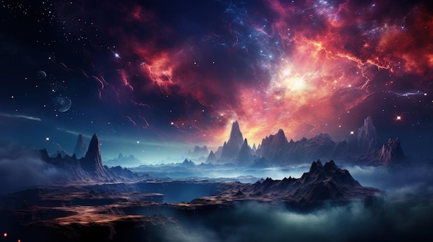 Nebulosa vibrante con cuerpos celestes cercanos como estrellas y planetas IA generativa
