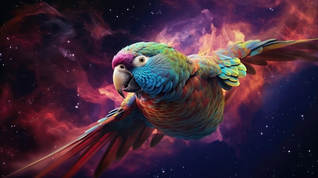 Nebulosas e galáxias do papagaio flutuam no espaço nas nuvens de fumaça de IA geradora de gás
