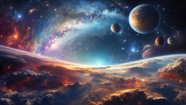 Nebulosas, galaxias y tierra rodeadas de estrellas en el espacio profundo.  | Foto Premium