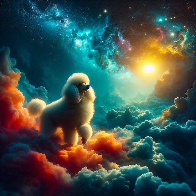 Las nebulosas del perro caniche y las galaxias flotan en el espacio en las nubes de humo de gas generativo Ai