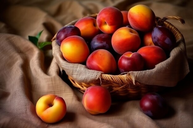 Nectarinas y ciruelas en una naturaleza muerta IA generativa