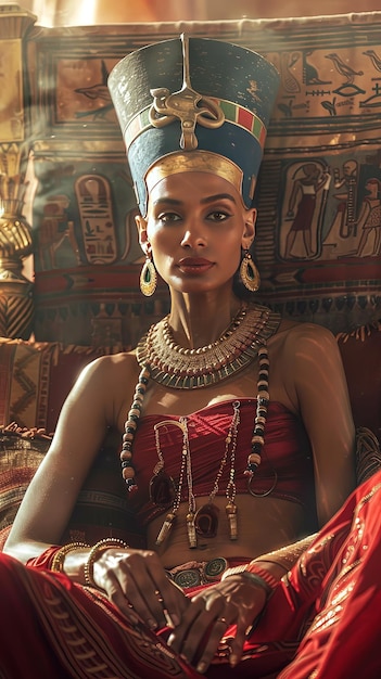 Foto nefertiti sentada en su trono sala del trono rojo brillando en la luz del sol ricas texturas y oro