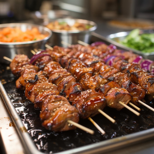 Negima Yakitori Piezas de pollo y cebollas verdes asadas y a la parrilla Plato japonés