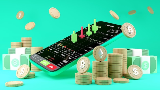 Negociação de criptomoeda ou bitcoin no smartphone e crescimento Investimento em informações de dados da bolsa de valores. conceito de comerciante. Renderização 3D.