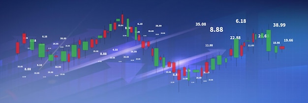 Negociação de investimento em gráfico de vela de negócios do mercado de ações em fundo azul Gráfico de tendência de alta para cima Economia design financeiro