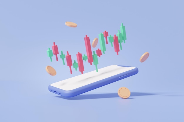 Negociación de criptomonedas en smatphone y crecimiento de la moneda de las acciones transferencia de dinero datos de intercambio negocio financiero inversión comerciante concepto azul pastel fondo 3d render ilustración