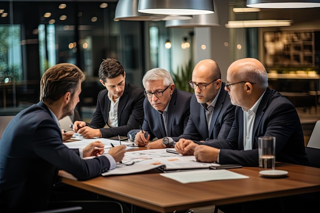 Negociações de negócios intensas num escritório corporativo executivos sentados em torno de uma mesa de conferência polida cheia de papéis e gráficos capturando a gravidade de um momento crucial de negociação