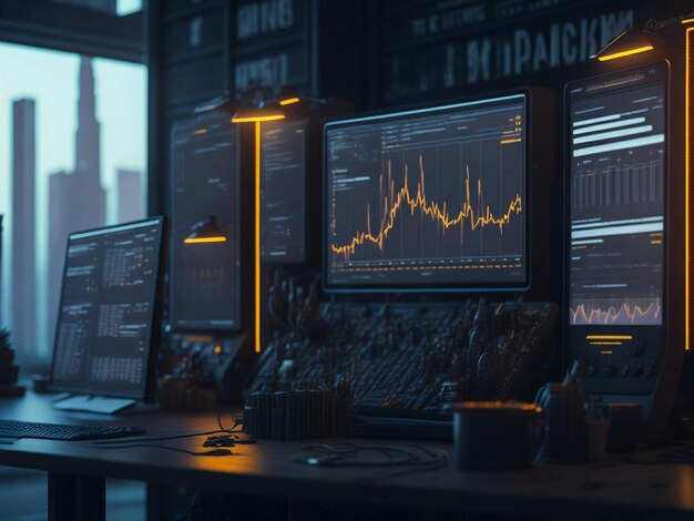 Negociante do dia de mercado de ações trabalhando no computador com estação de trabalho MultiMonitor com investimento em tempo real