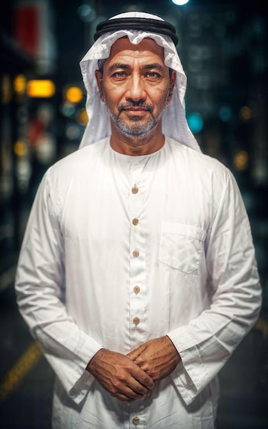 Foto negócio árabe rico em roupa branca tradicional na rua noturna fundo de ia generativa