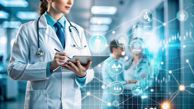 Negocio de atención médica Gráfico de crecimiento de datos médicos en el gráfico comercial Trabajo médico con equipo profesional
