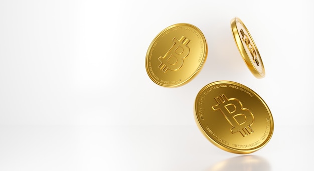 Negocio de Bitcoin. Render 3D de monedas de oro de dinero bancario cayendo aislado sobre fondo blanco.