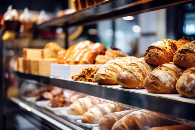 Negócio de padaria exibindo pães e doces recém-assados