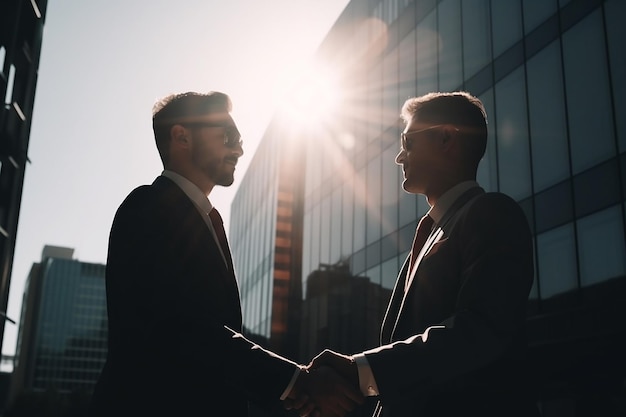 Negócio dois empresários apertando as mãos ao ar livre na cidade movimentada com raios solares