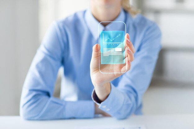 Foto negocio, éxito, estadísticas, tecnología y concepto de personas: cierre de la mano de una mujer sosteniendo y mostrando un teléfono inteligente transparente con un gráfico en la oficina