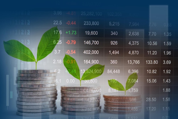 Negocio de finanzas del mercado de valores con crecimiento de árboles en tecnología digital de gráfico de tendencia de economía de monedas