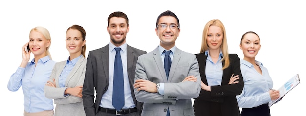 negocio, gente, gesto y concepto de oficina - grupo de hombres de negocios sonrientes