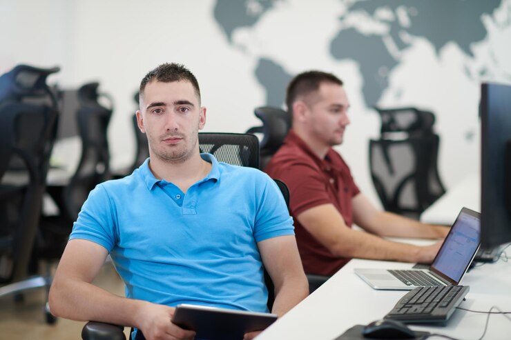 Foto negocio de inicio, dos desarrolladores de software masculinos que trabajan en computadoras en una nueva oficina moderna y abierta