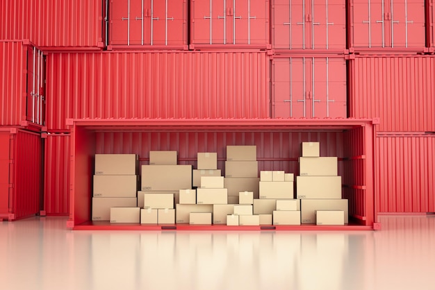 Negocio logístico con montones de cajas de cartón o cajas de cartón en contenedor rojo