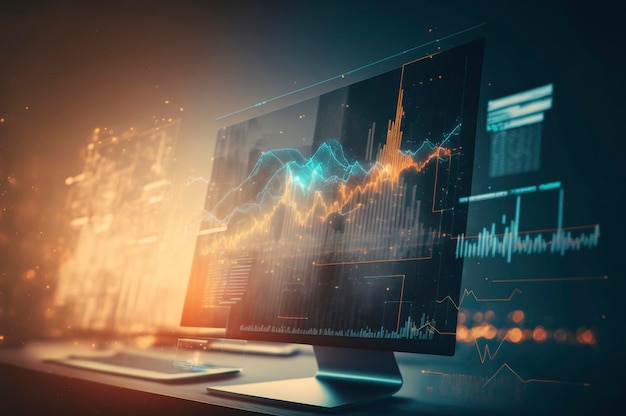 El negocio del mercado de valores y el concepto de inversión con el aumento de la vela del mercado de divisas y el diagrama en la perspectiva de la computadora portátil moderna vista de fondo doble exposición ai generativa