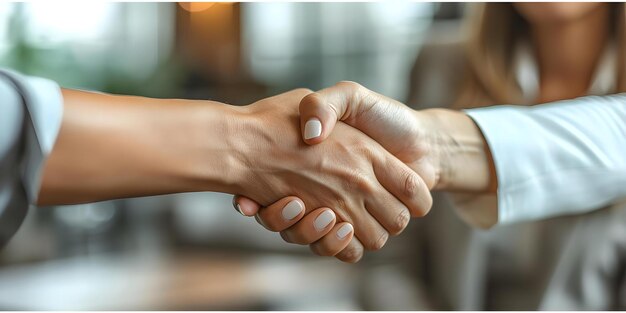 Foto negocio de negocios exitoso mujer de negocios de mediana edad estrechando la mano con el cliente en la oficina concepto reunión de negocios profesional apretón de manos equipo colaboración éxito corporativo negociación de oficina